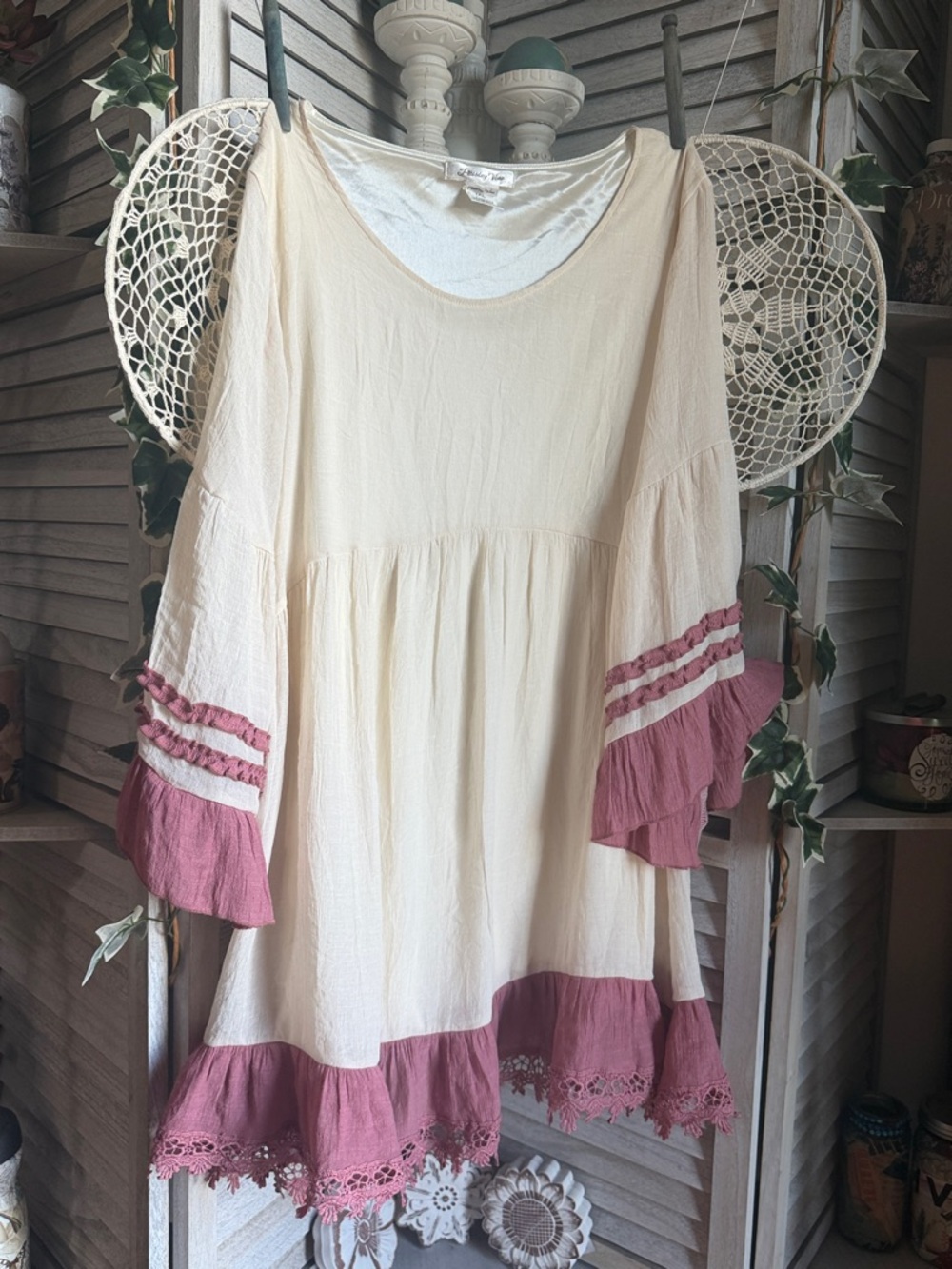 Boho Cream and Dusty Rose Tiered Peasant Blouse